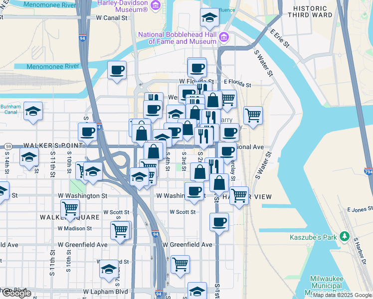 map of restaurants, bars, coffee shops, grocery stores, and more near 802 South 3rd Street in Milwaukee