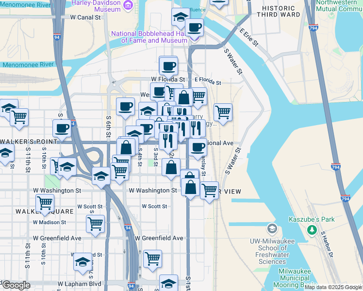 map of restaurants, bars, coffee shops, grocery stores, and more near 117 West National Avenue in Milwaukee