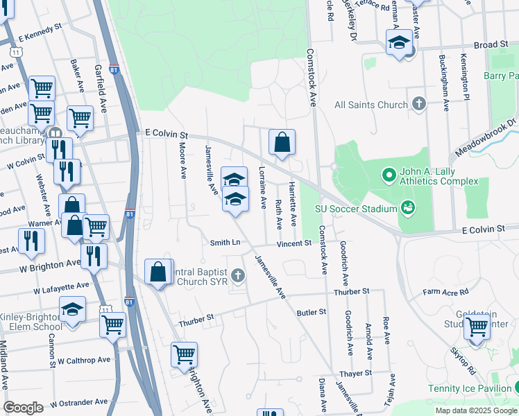 map of restaurants, bars, coffee shops, grocery stores, and more near 240 Lorraine Avenue in Syracuse