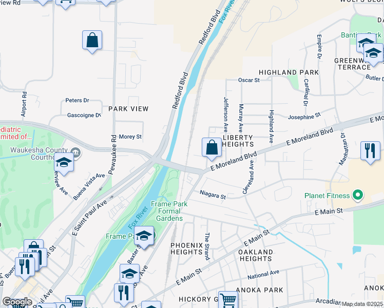 map of restaurants, bars, coffee shops, grocery stores, and more near 800 Rock Street in Waukesha