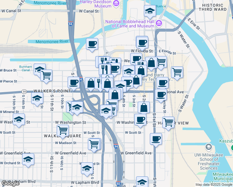 map of restaurants, bars, coffee shops, grocery stores, and more near 425 West National Avenue in Milwaukee
