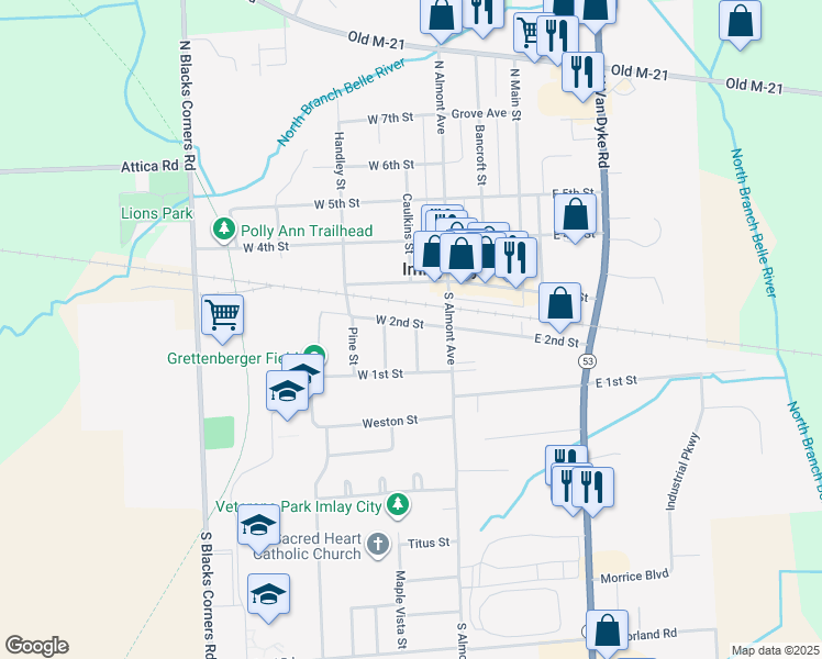 map of restaurants, bars, coffee shops, grocery stores, and more near 205 West 2nd Street in Imlay City