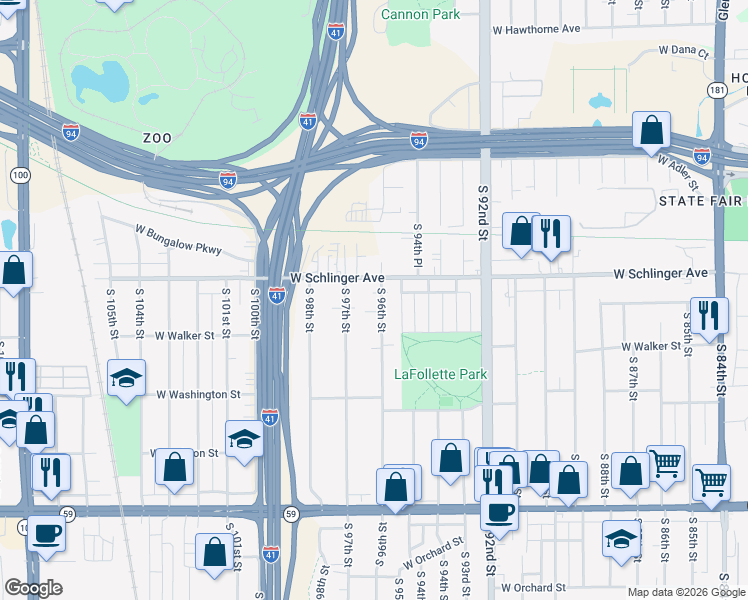 map of restaurants, bars, coffee shops, grocery stores, and more near 733 South 96th Street in West Allis