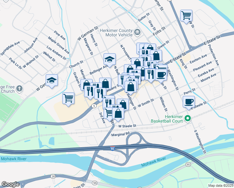 map of restaurants, bars, coffee shops, grocery stores, and more near 100 First Avenue in Herkimer