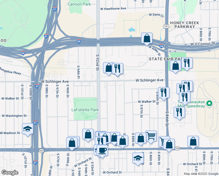 map of restaurants, bars, coffee shops, grocery stores, and more near 732 South 91st Street in West Allis
