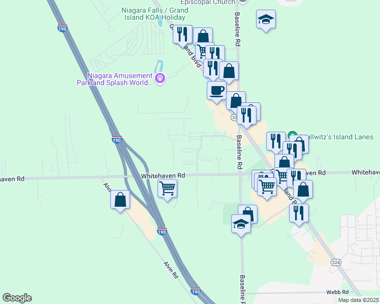 map of restaurants, bars, coffee shops, grocery stores, and more near Center Court North in Grand Island