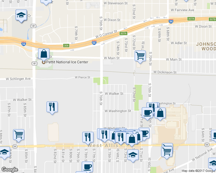 map of restaurants, bars, coffee shops, grocery stores, and more near 841 South 75th Street in West Allis