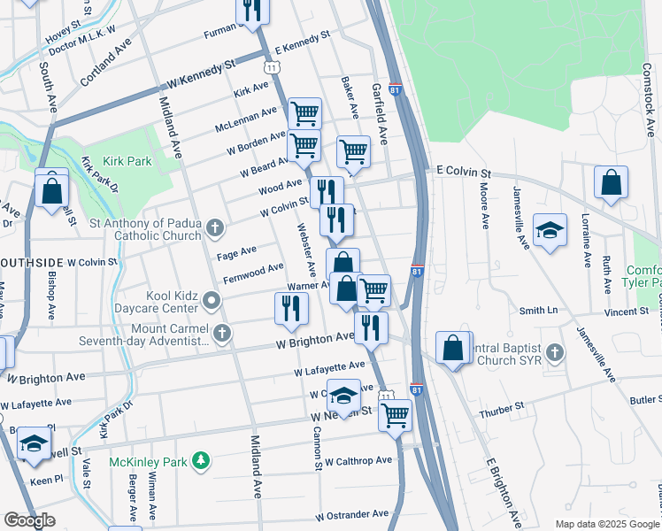 map of restaurants, bars, coffee shops, grocery stores, and more near 2438 South Salina Street in Syracuse