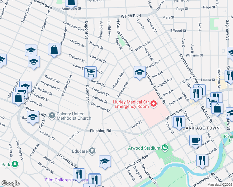 map of restaurants, bars, coffee shops, grocery stores, and more near 1309 Mackin Road in Flint