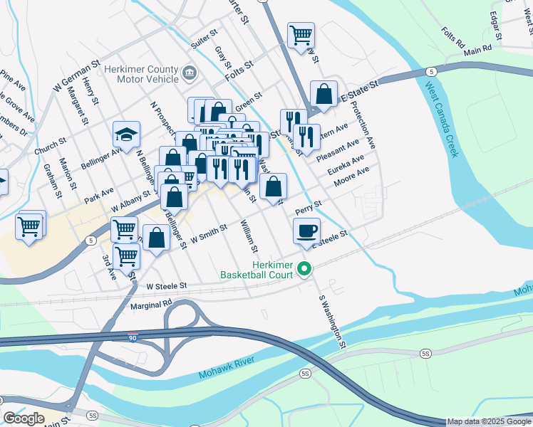 map of restaurants, bars, coffee shops, grocery stores, and more near 102 East Smith Street in Herkimer