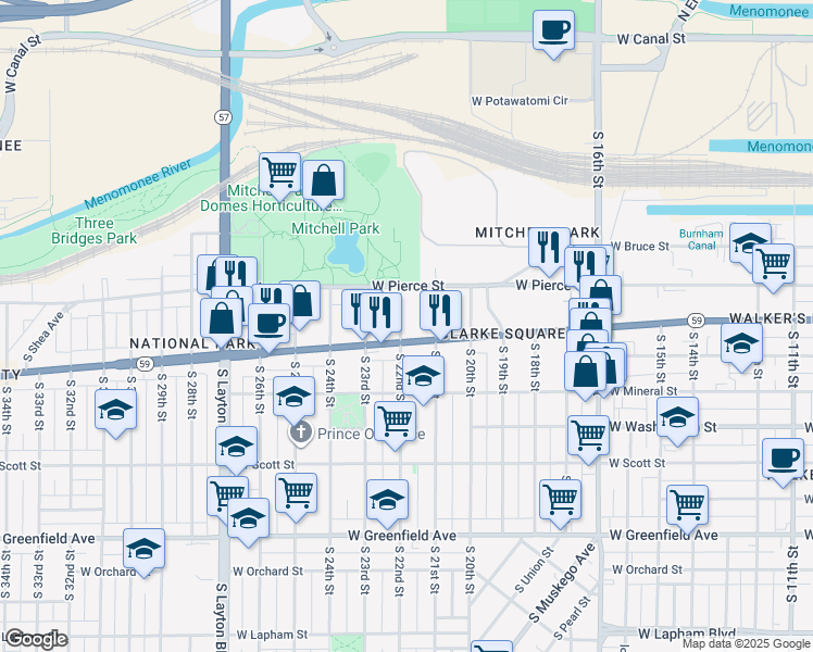 map of restaurants, bars, coffee shops, grocery stores, and more near 750 South 22nd Street in Milwaukee