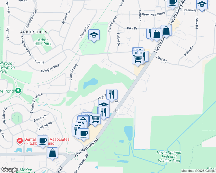 map of restaurants, bars, coffee shops, grocery stores, and more near 2296 High Ridge Trail in Fitchburg