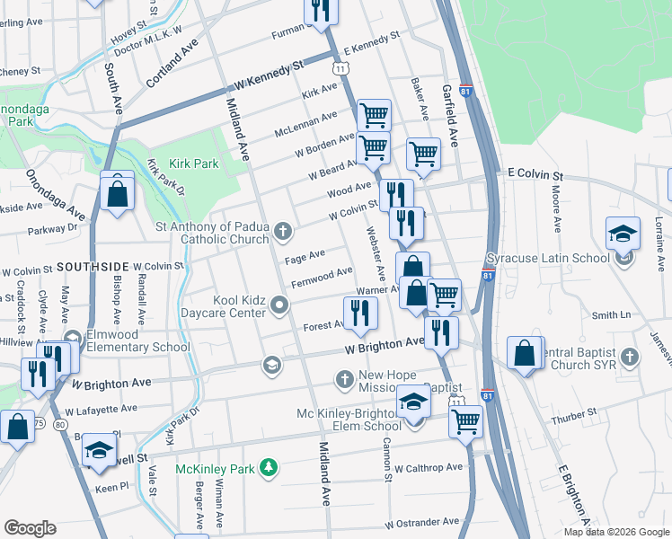 map of restaurants, bars, coffee shops, grocery stores, and more near 117 Fernwood Avenue in Syracuse