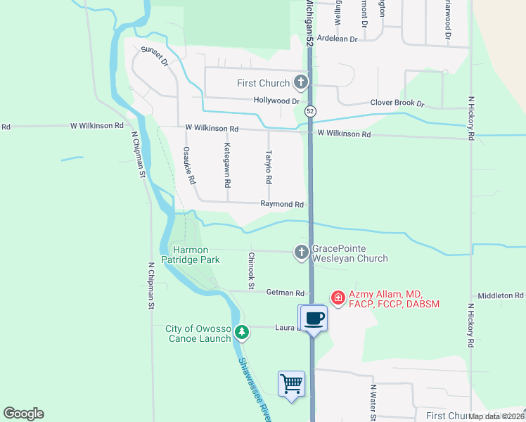 map of restaurants, bars, coffee shops, grocery stores, and more near 715 Raymond Road in Owosso