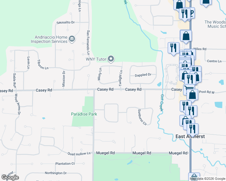 map of restaurants, bars, coffee shops, grocery stores, and more near 805 Casey Road in East Amherst