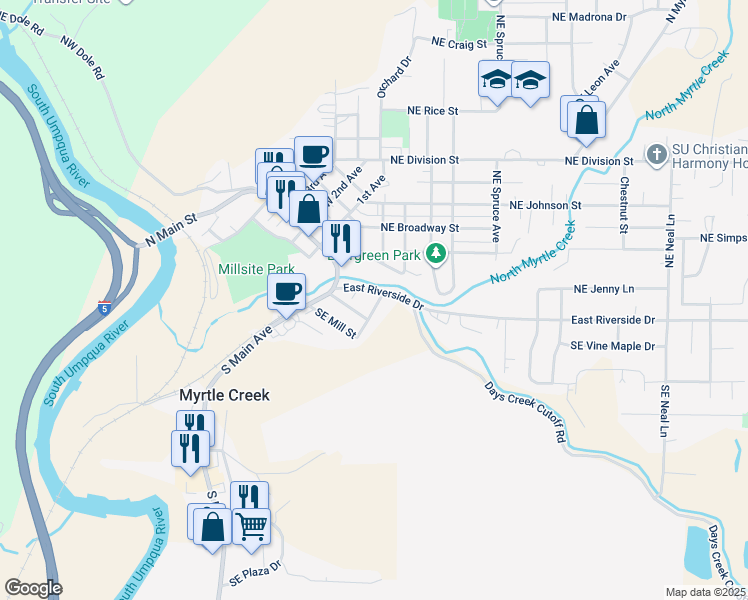 map of restaurants, bars, coffee shops, grocery stores, and more near 123 Southeast Pete's Avenue in Myrtle Creek