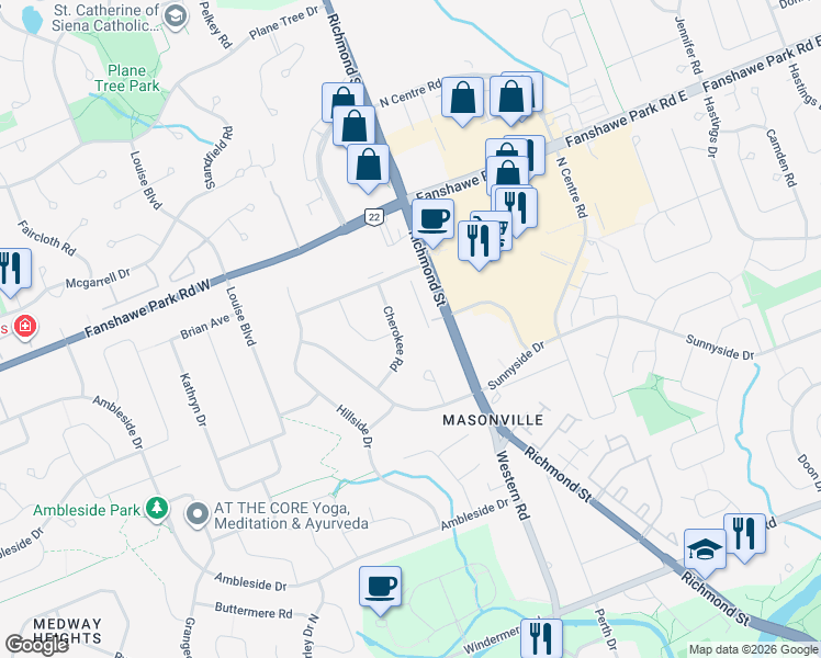 map of restaurants, bars, coffee shops, grocery stores, and more near 27 Cherokee Road in London