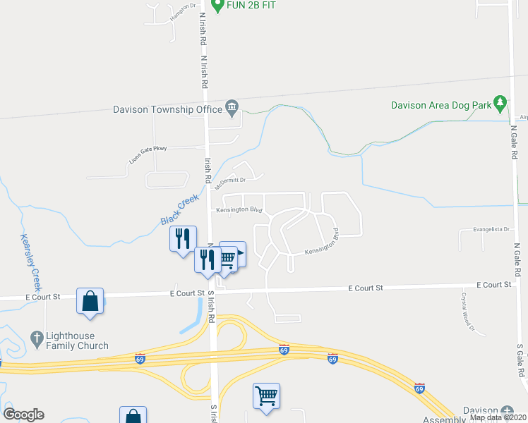 map of restaurants, bars, coffee shops, grocery stores, and more near 8298 Kensington Boulevard in Davison