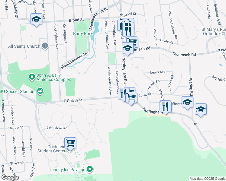 map of restaurants, bars, coffee shops, grocery stores, and more near 1579 Westmoreland Avenue in Syracuse