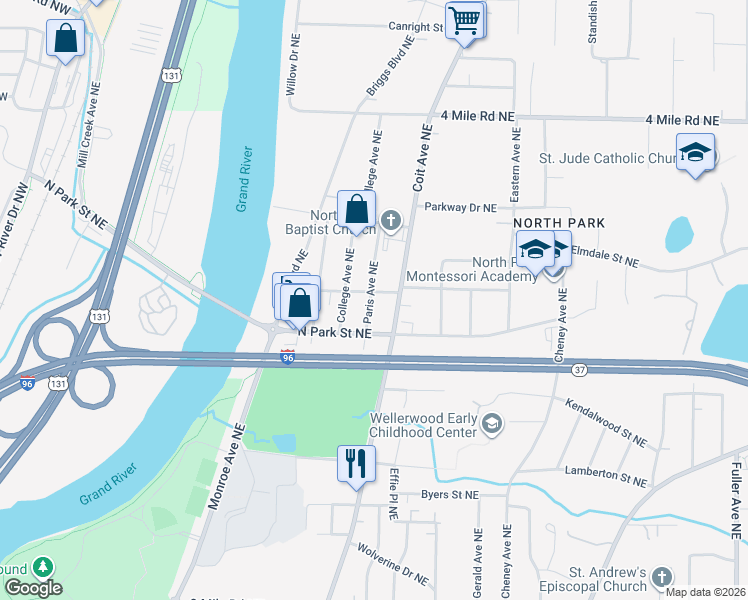 map of restaurants, bars, coffee shops, grocery stores, and more near 3271 Paris Avenue Northeast in Grand Rapids