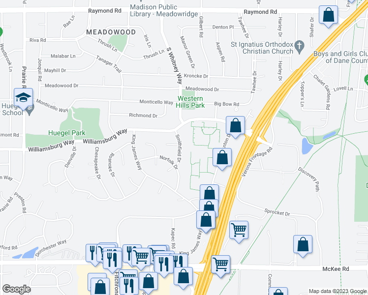 map of restaurants, bars, coffee shops, grocery stores, and more near 2621 Smithfield Drive in Fitchburg