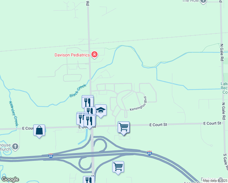 map of restaurants, bars, coffee shops, grocery stores, and more near 8299 Kensington Boulevard in Davison