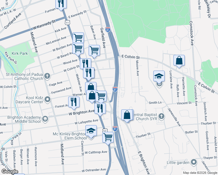 map of restaurants, bars, coffee shops, grocery stores, and more near 212 Amherst Avenue in Syracuse