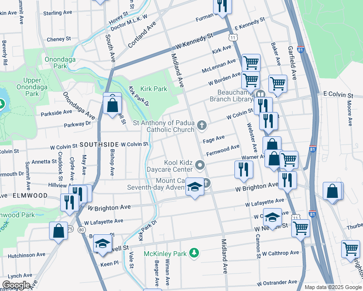 map of restaurants, bars, coffee shops, grocery stores, and more near 135 Hope Avenue in Syracuse