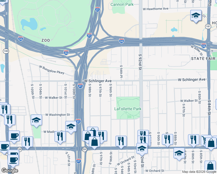 map of restaurants, bars, coffee shops, grocery stores, and more near 733 South 96th Street in West Allis