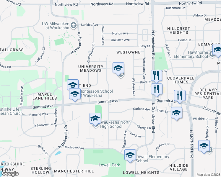 map of restaurants, bars, coffee shops, grocery stores, and more near 701 Greenmeadow Drive in Waukesha