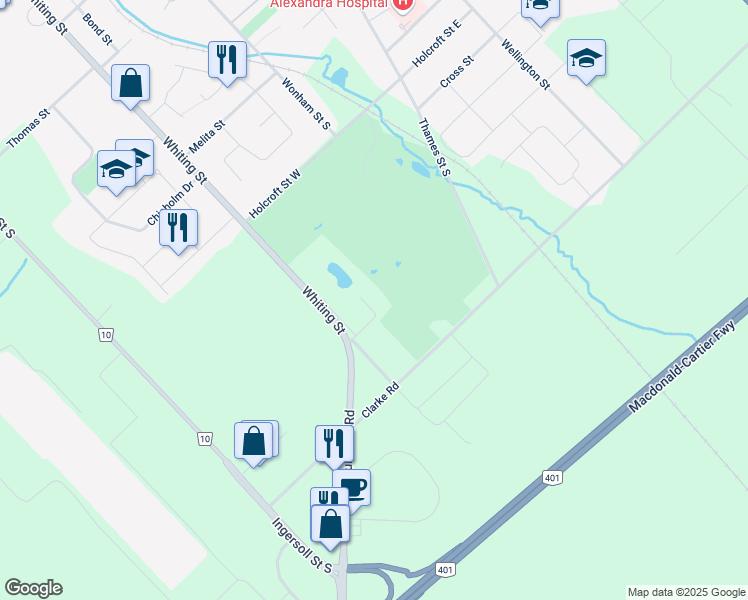 map of restaurants, bars, coffee shops, grocery stores, and more near 15 Maple Lane in Ingersoll