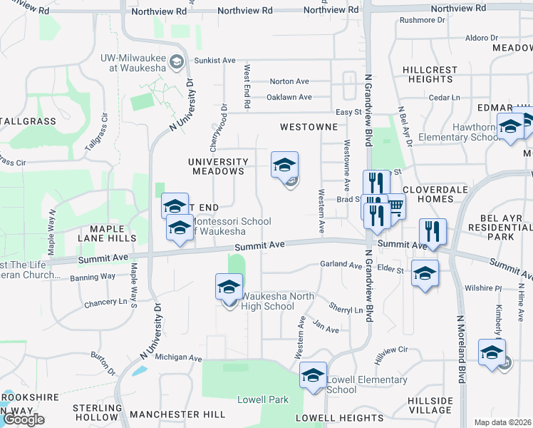 map of restaurants, bars, coffee shops, grocery stores, and more near 701 Greenmeadow Drive in Waukesha