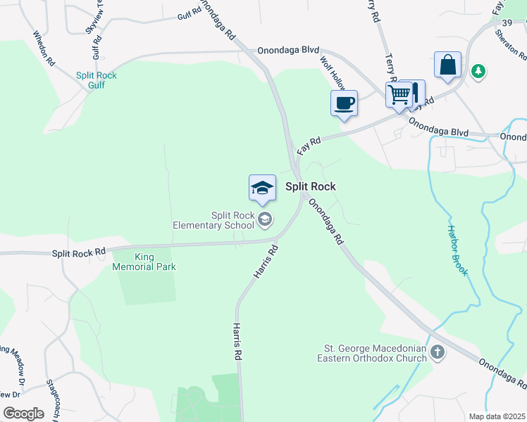 map of restaurants, bars, coffee shops, grocery stores, and more near 4151 Split Rock Road in Camillus