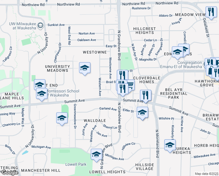 map of restaurants, bars, coffee shops, grocery stores, and more near 704 Westowne Avenue in Waukesha