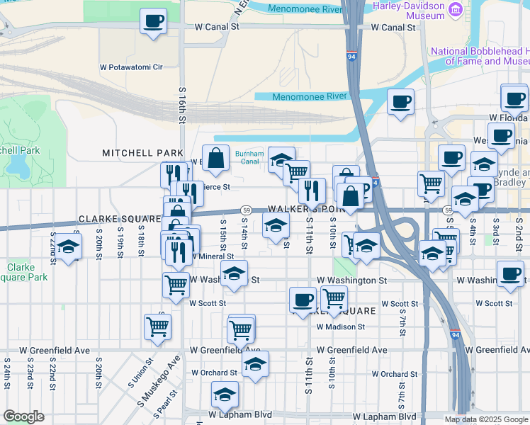 map of restaurants, bars, coffee shops, grocery stores, and more near 1241 West National Avenue in Milwaukee
