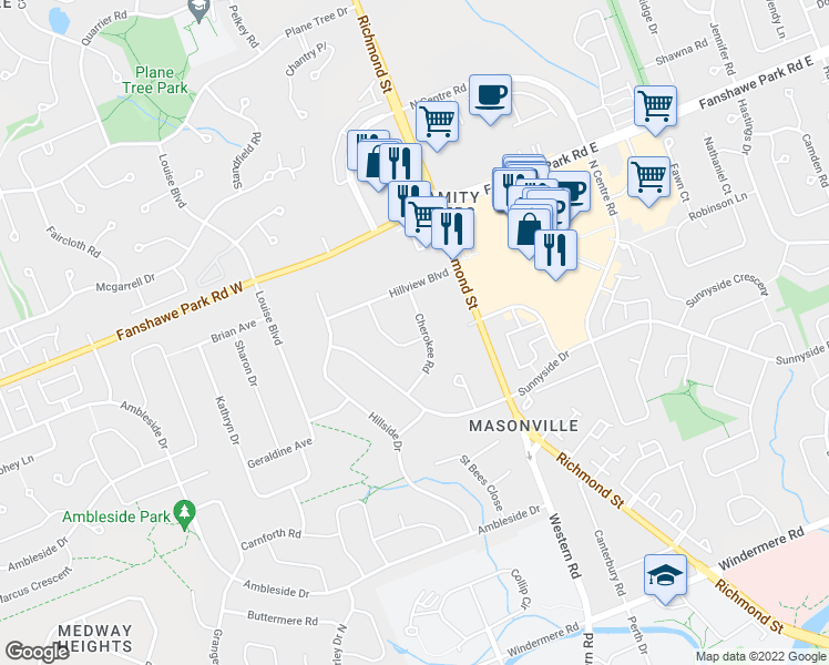 map of restaurants, bars, coffee shops, grocery stores, and more near 30 Cherokee Road in London