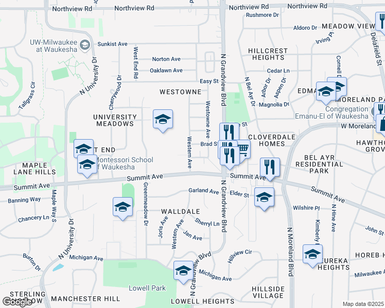 map of restaurants, bars, coffee shops, grocery stores, and more near 705 Western Avenue in Waukesha