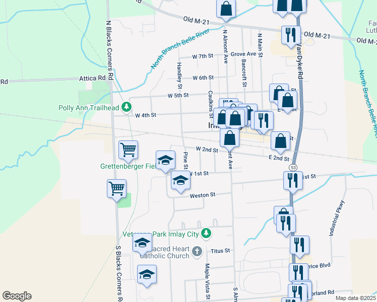 map of restaurants, bars, coffee shops, grocery stores, and more near 335 West 2nd Street in Imlay City