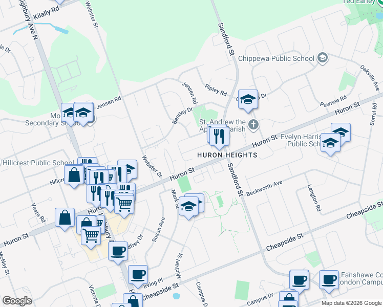 map of restaurants, bars, coffee shops, grocery stores, and more near 19 Redwood Lane in London