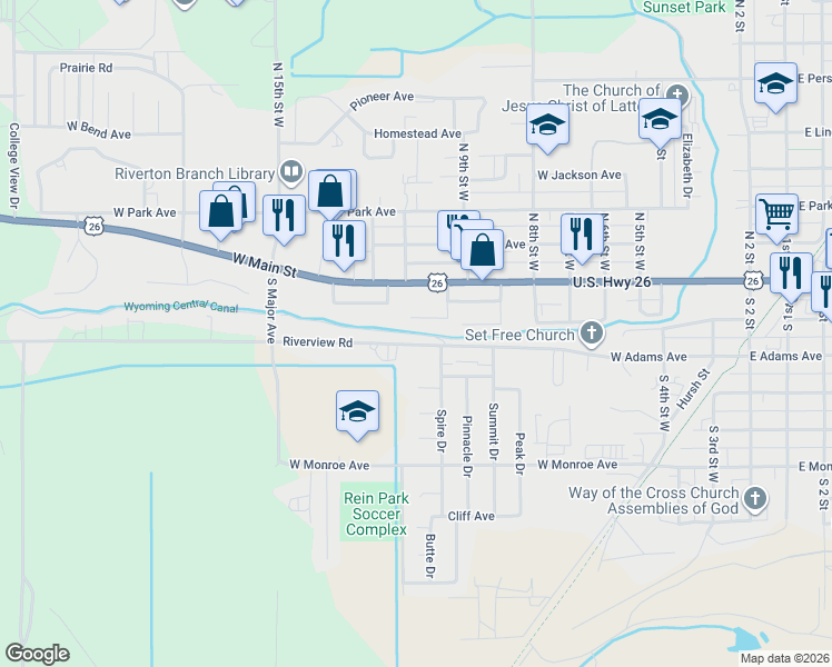 map of restaurants, bars, coffee shops, grocery stores, and more near 1102 Riverview Road in Riverton