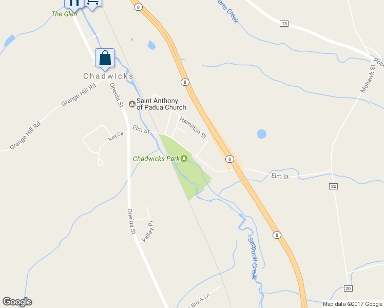 map of restaurants, bars, coffee shops, grocery stores, and more near 9422 Elm Street in Chadwicks