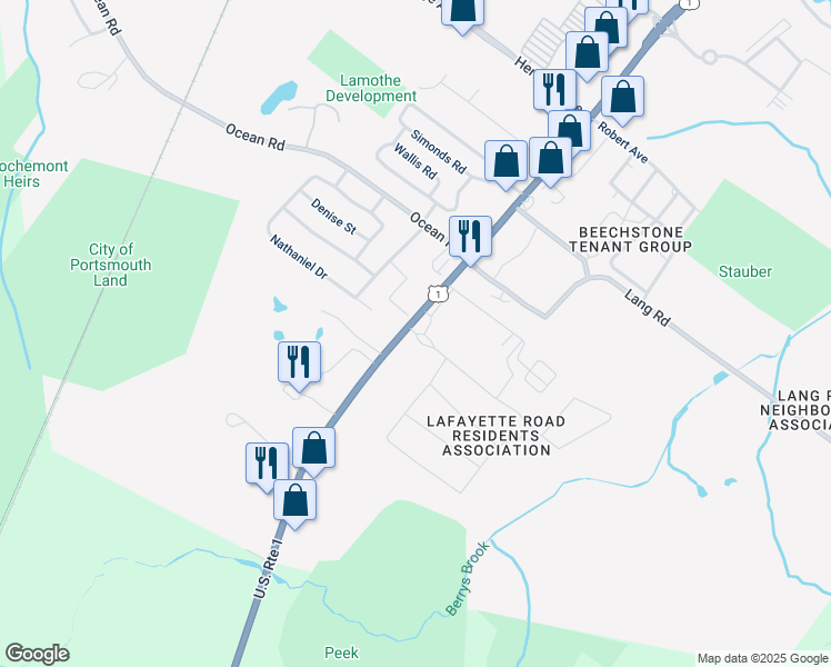 map of restaurants, bars, coffee shops, grocery stores, and more near Hillcrest Estates in Portsmouth