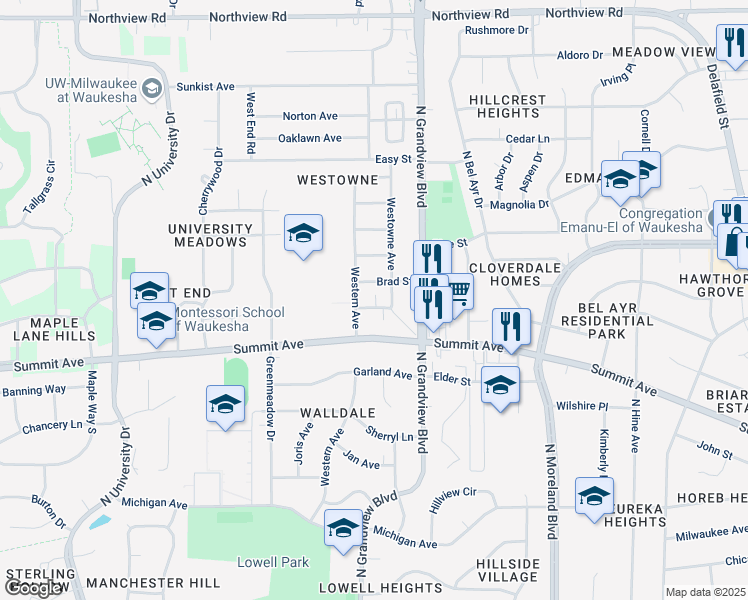map of restaurants, bars, coffee shops, grocery stores, and more near 705 Western Avenue in Waukesha