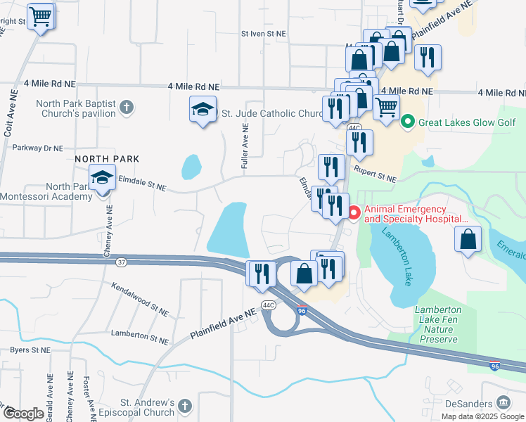 map of restaurants, bars, coffee shops, grocery stores, and more near 3243 Soft Water Lake Drive Northeast in Grand Rapids