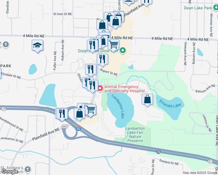 map of restaurants, bars, coffee shops, grocery stores, and more near 1542 Lamberton Lake Drive Northeast in Grand Rapids