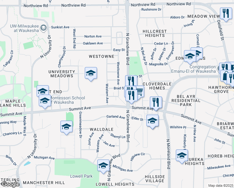 map of restaurants, bars, coffee shops, grocery stores, and more near 704 Westowne Avenue in Waukesha