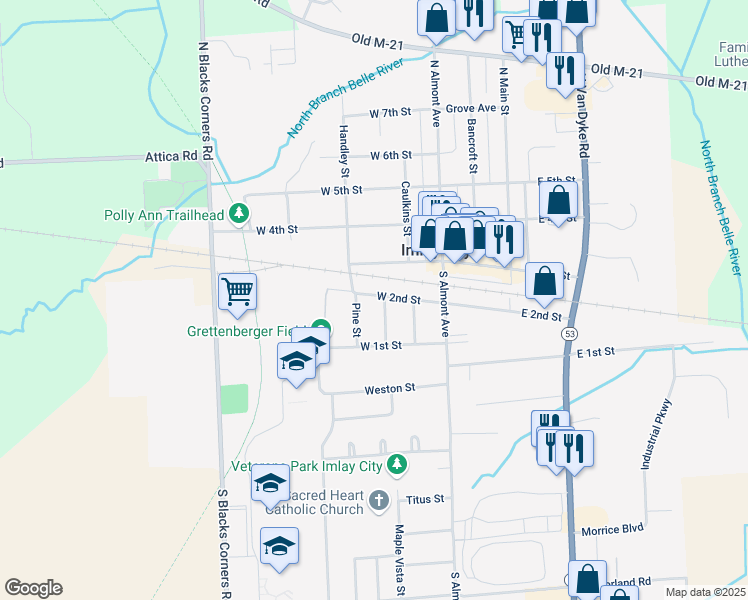 map of restaurants, bars, coffee shops, grocery stores, and more near 335 West 2nd Street in Imlay City