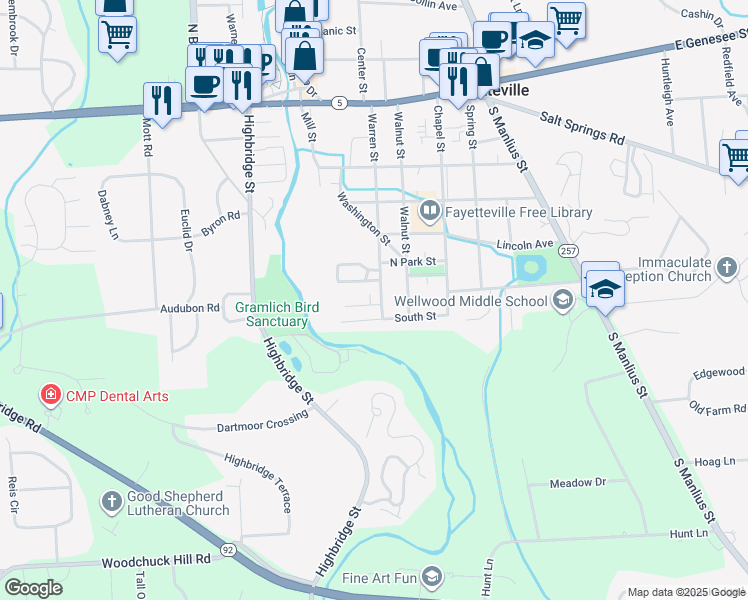 map of restaurants, bars, coffee shops, grocery stores, and more near 109 North Street in Fayetteville