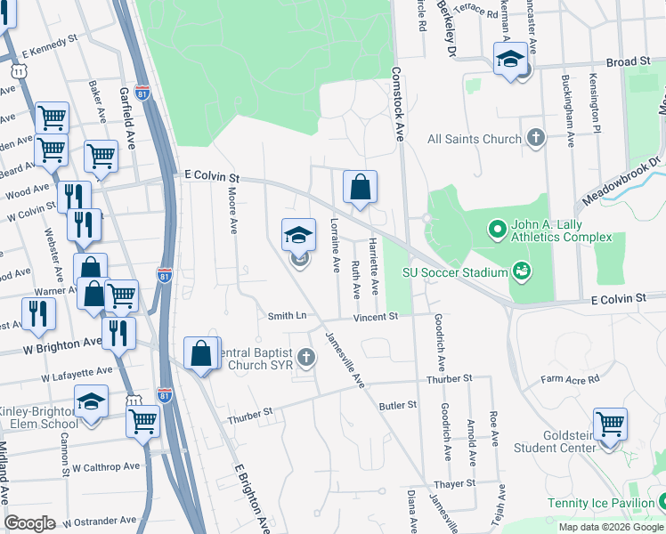 map of restaurants, bars, coffee shops, grocery stores, and more near 240 Lorraine Avenue in Syracuse