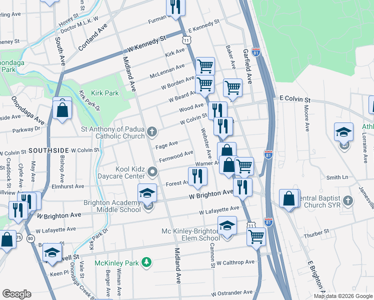map of restaurants, bars, coffee shops, grocery stores, and more near 117 Fernwood Avenue in Syracuse